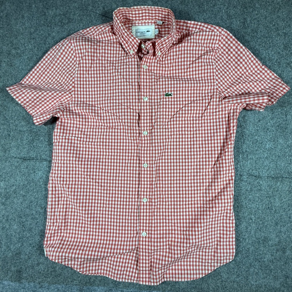 Lacoste Button Down Shirt Mens M Red White Gingham Plaid Short Sleeve Regular